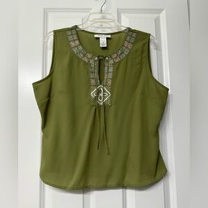 Chic Olive Sleeveless Blouse with Embellished Neckline